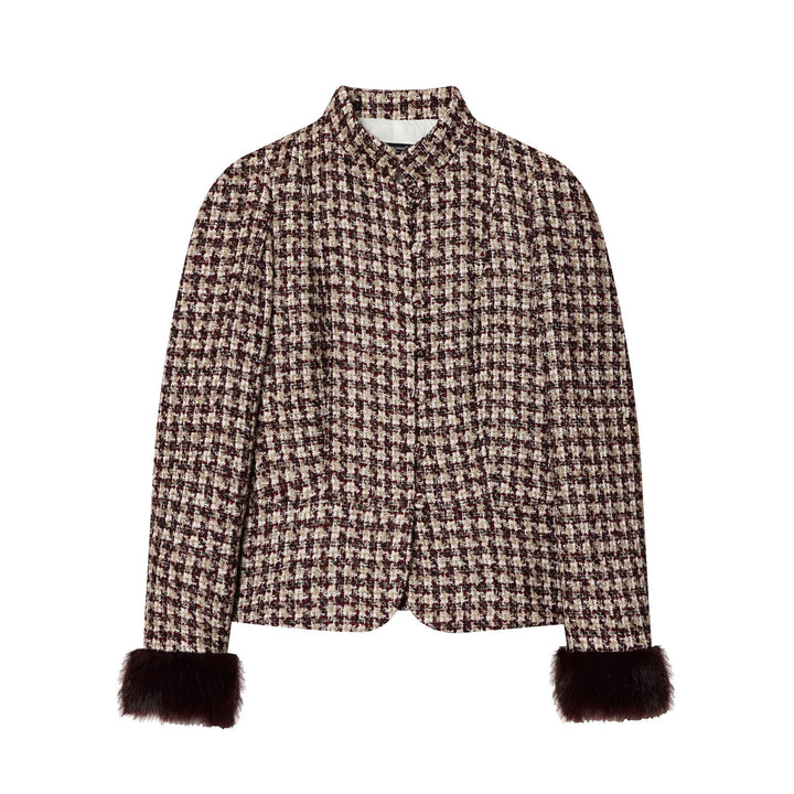 Damen nan kurz geschnittene Bouclé-Tweedjacke mit stehendem Kragen, verdeckter Knopfleiste und weichen Kunstfellmanschetten Drune