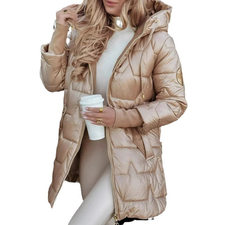 Damen Lange Steppjacke mit Kapuze und praktischen Taschen Drune