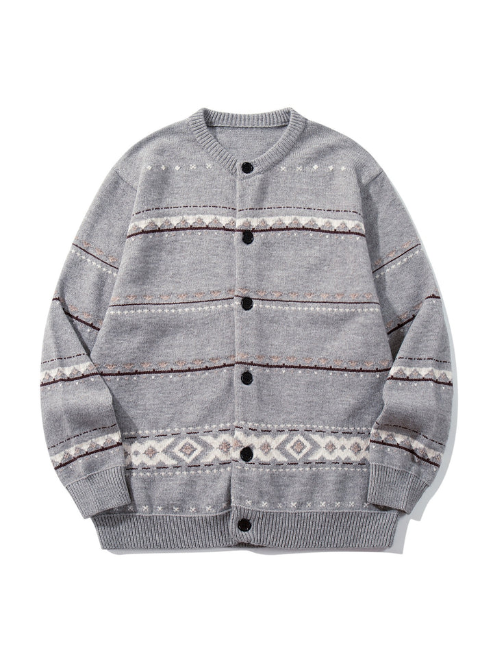 Unisex Strukturierte Jacquard-Strickjacke mit Rundhalsausschnitt, Oversize-Passform und Knopfleiste Drune