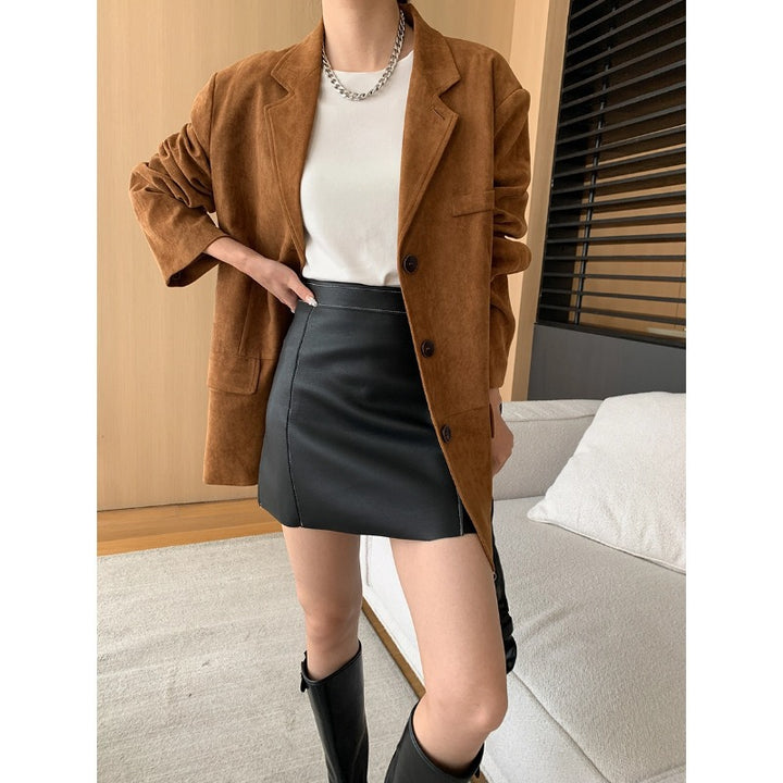 Damen lässige Oversized-Blazerjacke aus weichem Wildleder Drune