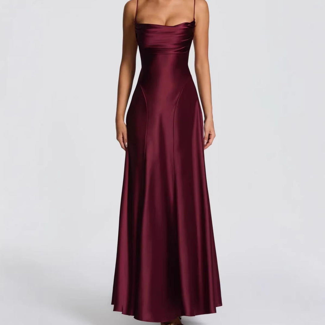 Damen Elegantes Maxi-Kleid mit fließendem Satin und verführerischem Spaghettiträger Drune