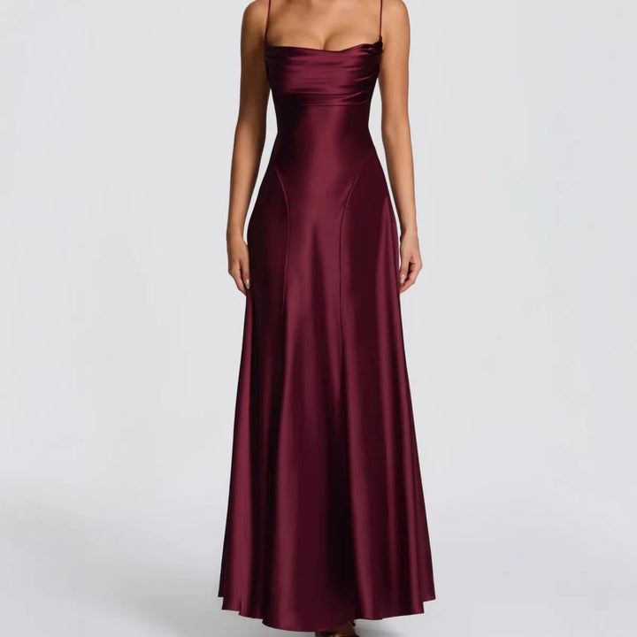 Damen Elegantes Maxi-Kleid mit fließendem Satin und verführerischem Spaghettiträger Drune