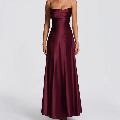 Damen Elegantes Maxi-Kleid mit fließendem Satin und verführerischem Spaghettiträger Drune