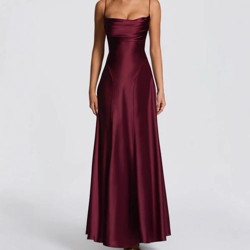 Damen Elegantes Maxi-Kleid mit fließendem Satin und verführerischem Spaghettiträger Drune
