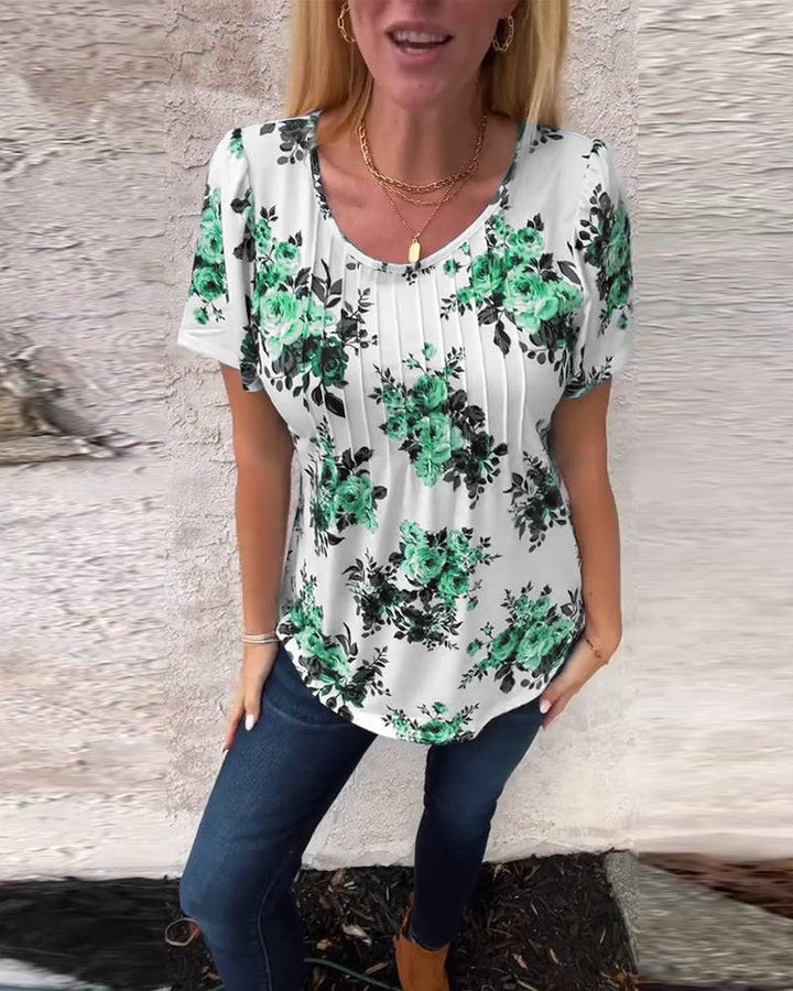 Damen nan Kurzarmbluse mit Kellerfalten, Rundhalsausschnitt und floralem Allover-Print Drune