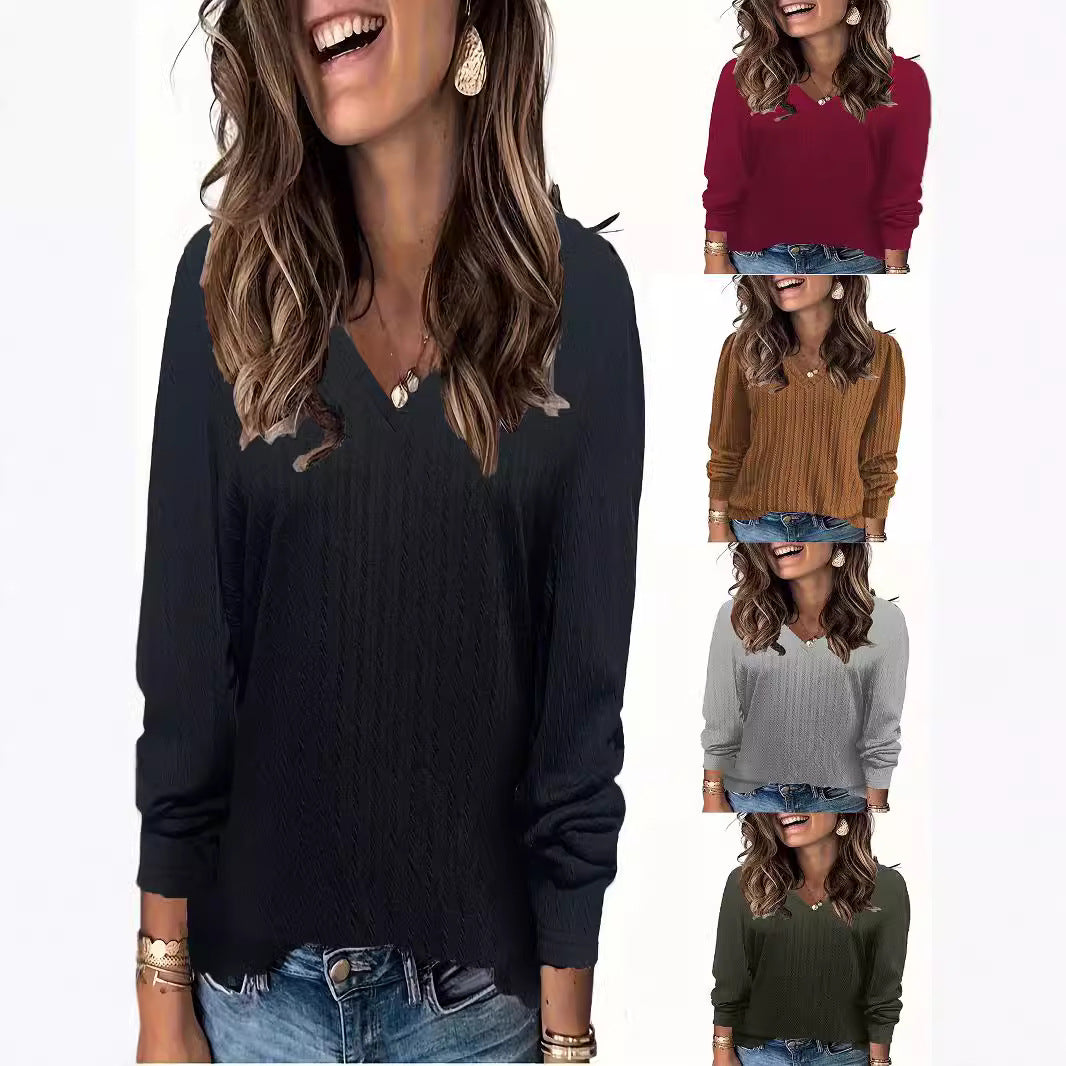 Damen Feinstrick-Langarmshirt mit V‑Ausschnitt und Zopfmuster Drune