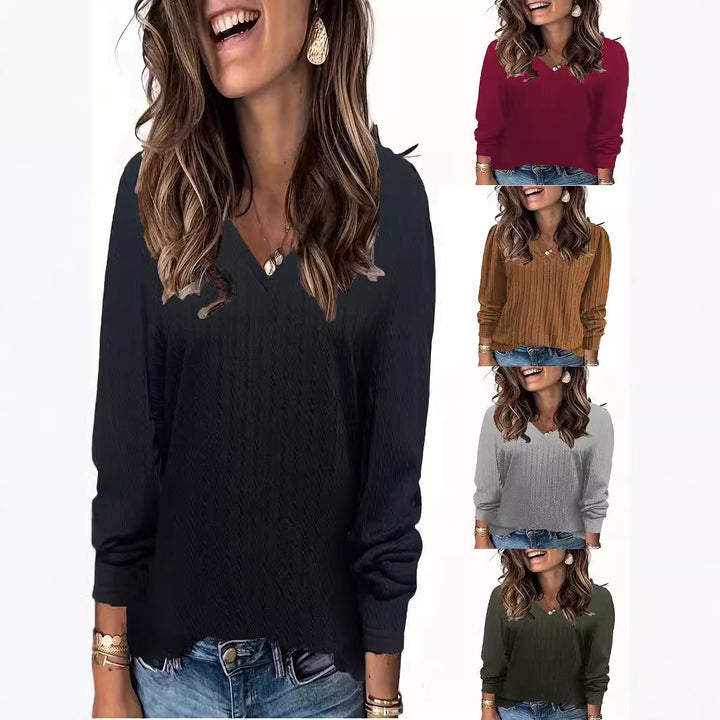 Damen Feinstrick-Langarmshirt mit V‑Ausschnitt und Zopfmuster Drune