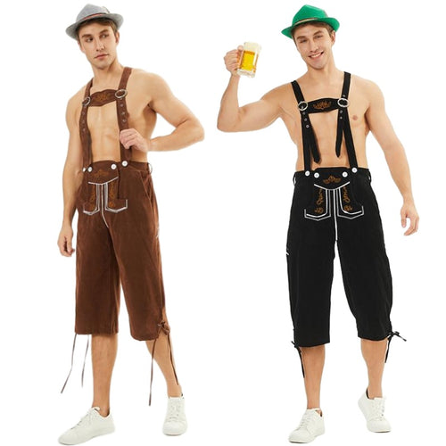 Herren nan kniehohe Trachtenhose aus Wildlederimitat mit dekorativen Stickdetails und verstellbaren Trägern Drune