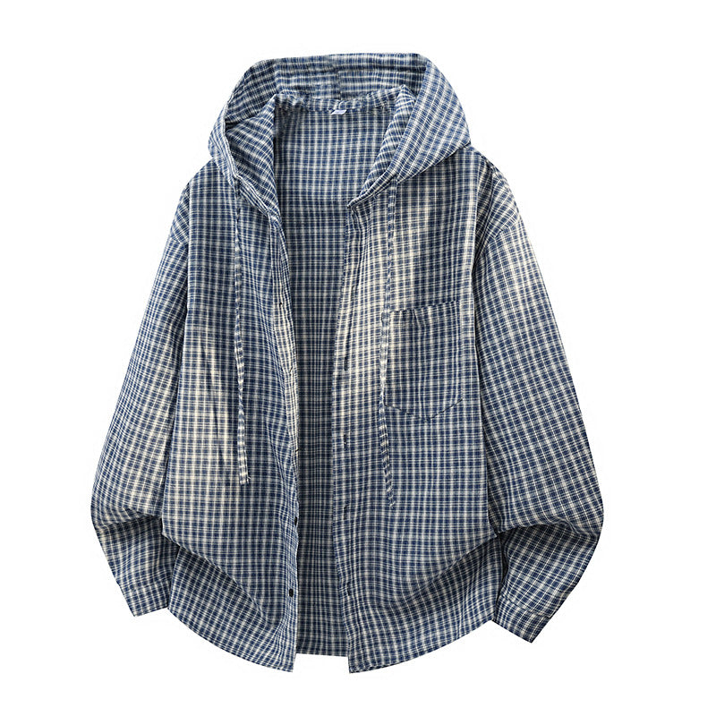 Herren Karierter Overshirt-Hoodie aus Baumwollmix mit Kapuze & Relaxed-Fit Drune