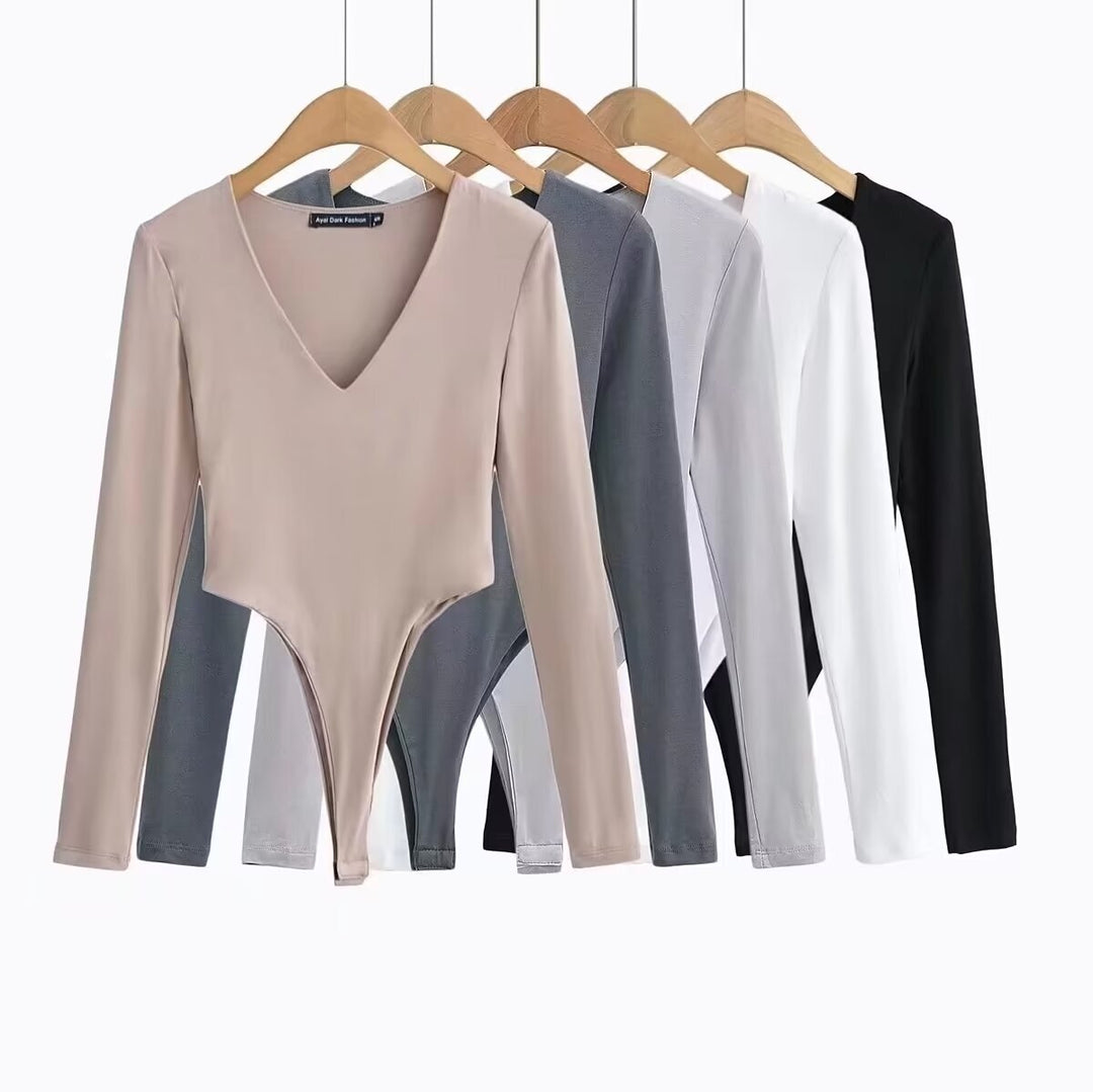 Damen figurbetontes Langarmbodysuit mit tiefem V-Ausschnitt Drune