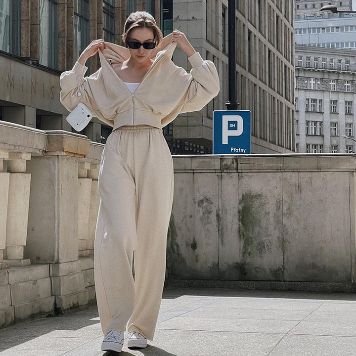 Damen kurzes Reißverschluss-Cropped-Hoodie mit hoher Bund Palazzo-Jogginghose Set Drune