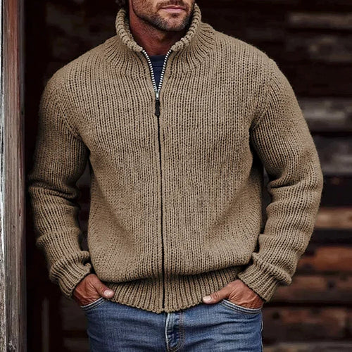 Herren Grobstrick-Cardigan mit Stehkragen und durchgehendem Reißverschluss Drune
