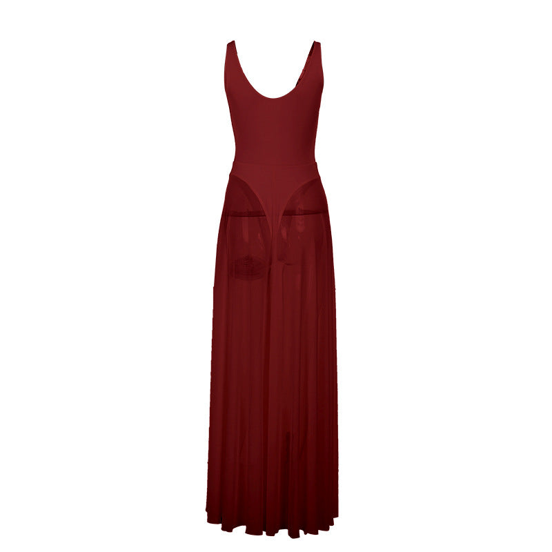 Damen Stilvolles Maxikleid mit transparentem Rock und elegantem V-Ausschnitt Drune