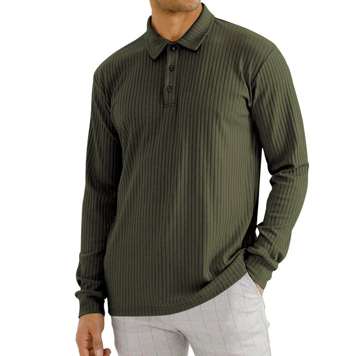 Herren nan geripptes Langarm-Poloshirt mit feiner Rippenstruktur, klassischem Kragen und elastischem Saum Drune