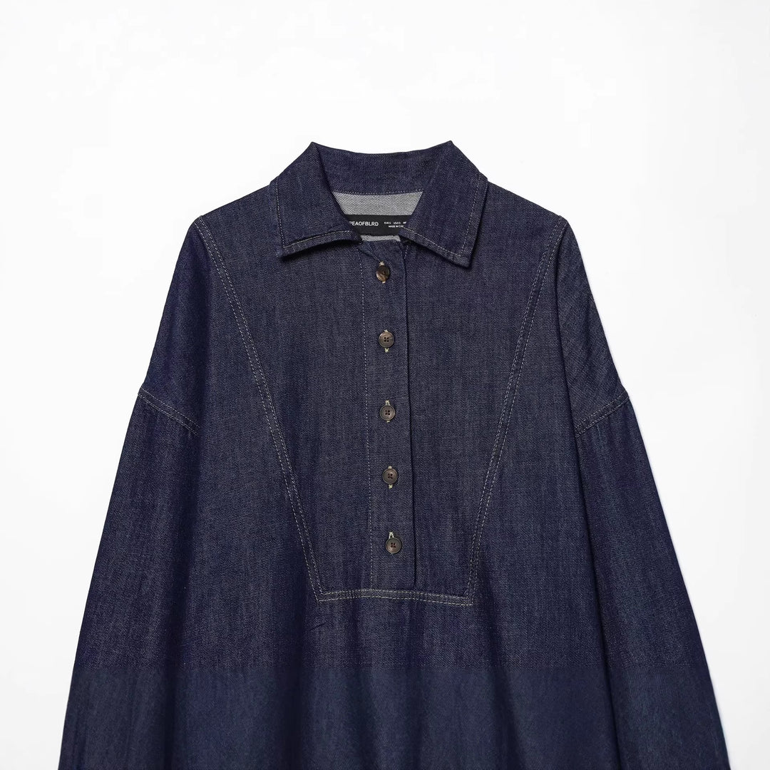 Damen Oversize-Denim-Tunika mit halber Knopfleiste und markanten Nahtdetails Drune