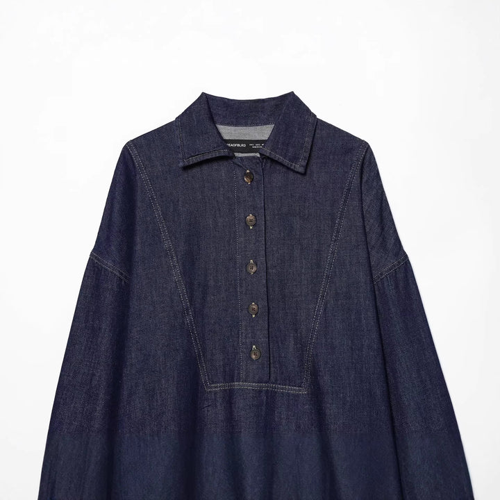 Damen Oversize-Denim-Tunika mit halber Knopfleiste und markanten Nahtdetails Drune