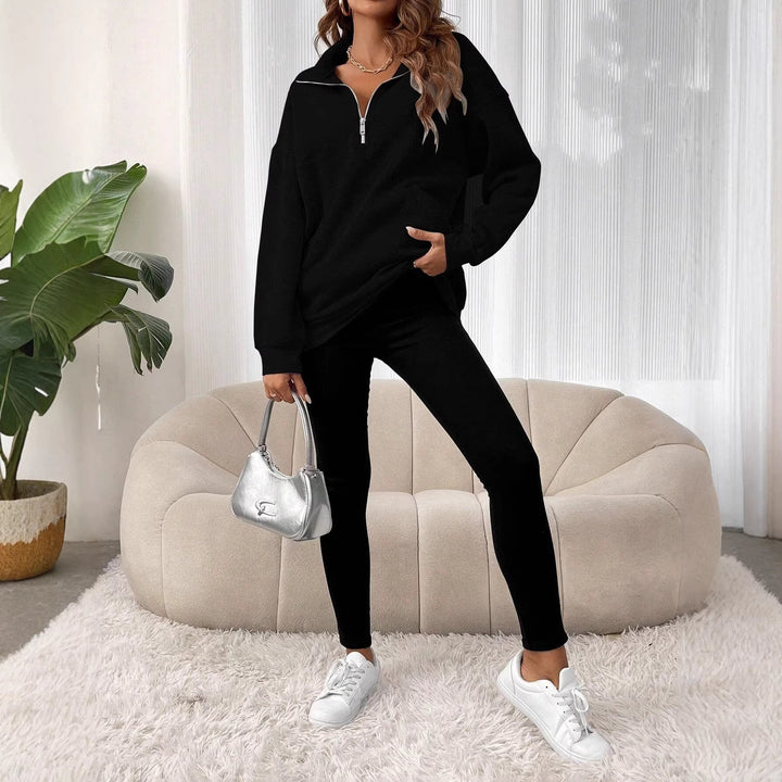 Damen Oversize Sweatshirt mit halbem Reißverschluss, Kängurutasche und Stehkragen Drune