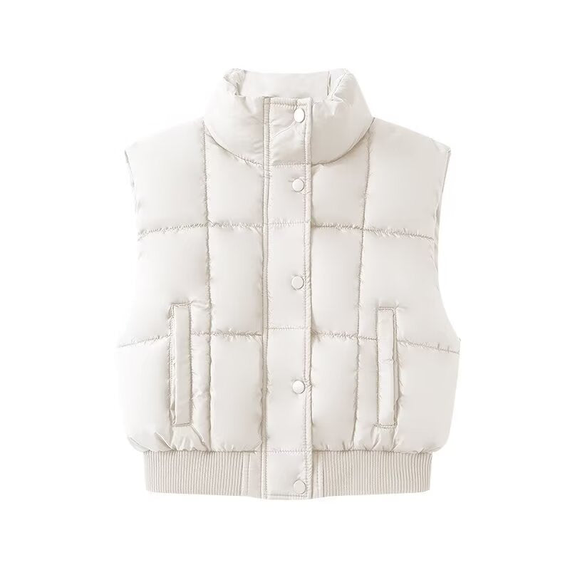 Damen Gesteppte Cropped-Pufferweste mit Stehkragen und geripptem Saum Drune