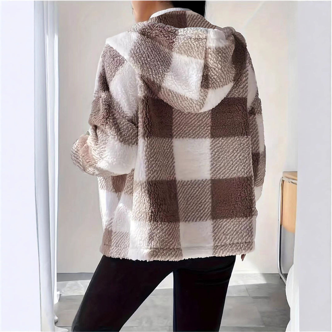 Damen Übergangsjacke aus weichem Teddy-Material mit Karo-Muster Drune