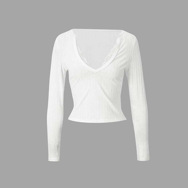 Damen Top mit feinen Rippdetails und elegantem V-Ausschnitt Drune