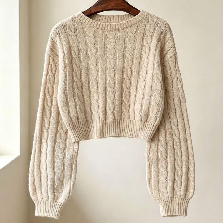 Damen Cropped Zopfmuster-Strickpullover mit kastiger Silhouette und Ballonärmeln Drune