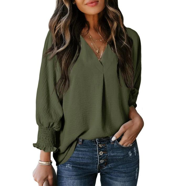 Damen V-Ausschnitt Bluse mit elastischen Ärmelbünden Drune