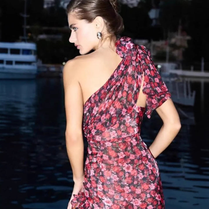 Damen Asymmetrisches Floral-Minikleid mit raffiniertem Volantabschluss und einem Schulterdesign Drune