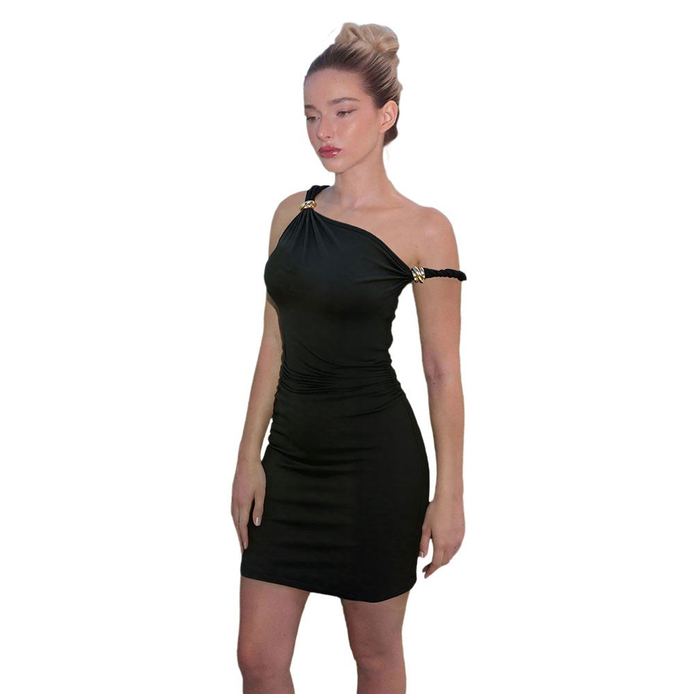 Damen figurbetontes Minikleid mit asymmetrischem Ausschnitt und goldenen Akzenten Drune