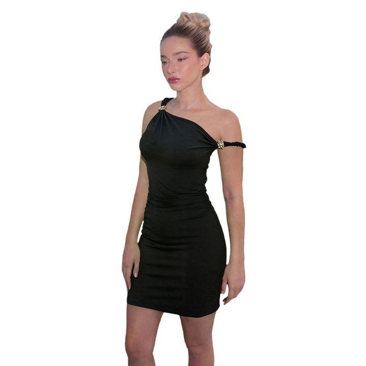 Damen figurbetontes Minikleid mit asymmetrischem Ausschnitt und goldenen Akzenten Drune