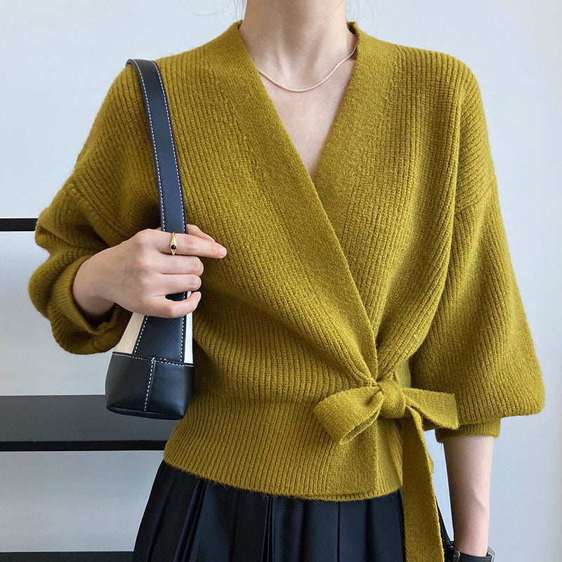 Damen elegante Wickelstrickjacke mit tiefem V-Ausschnitt und modischem Gürtel Drune