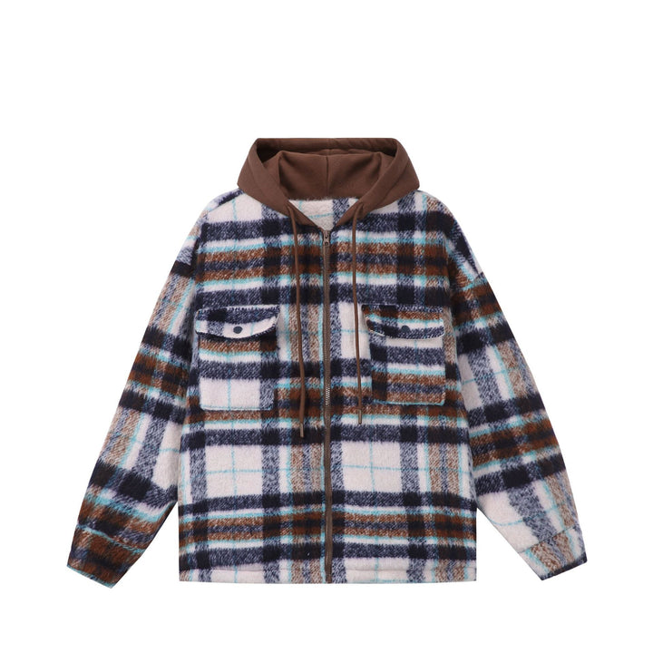 Unisex Kurz geschnittener kariertes Fellimitat-Blouson mit Kapuze und Reißverschluss Drune