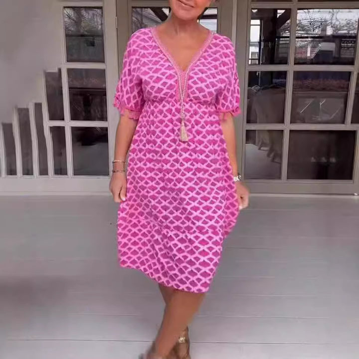Damen nan lässiges V-Ausschnitt Strandkleid mit Quastenbindeband und Volantrock Drune