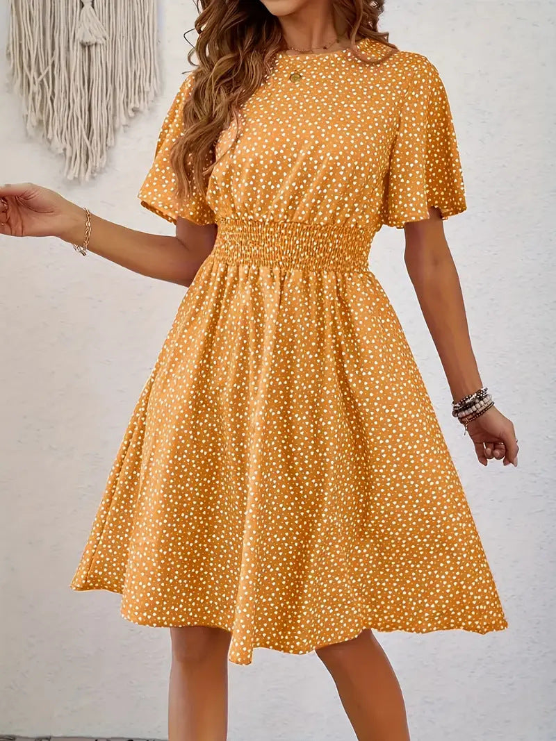 Damen Sommerliches Midi-Kleid mit Herzmuster und elastischem Taillenbund Drune