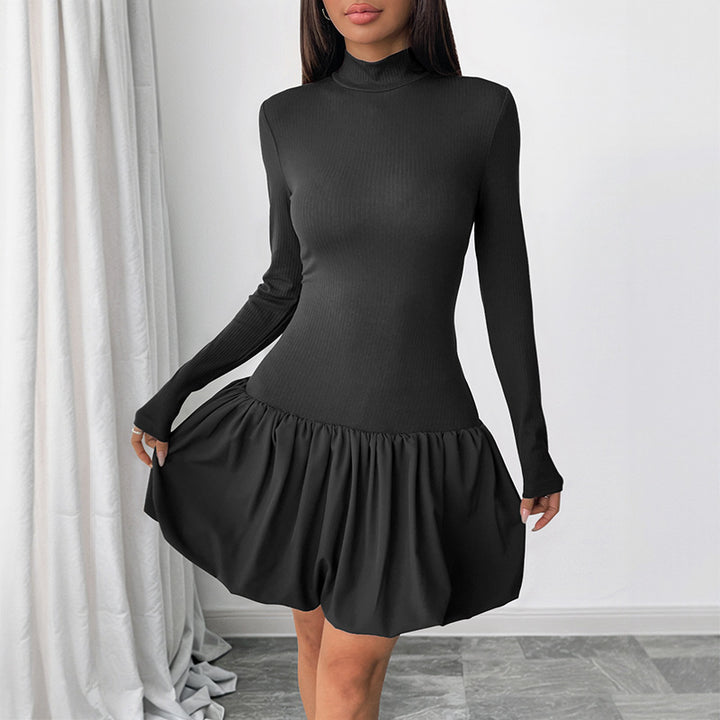 Damen Figurbetontes Minikleid mit Rippenoberteil, Stehkragen und gerafftem Ballonrock Drune