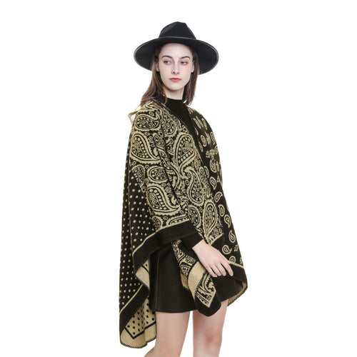 Damen Oversize-Jacquard-Umhang mit Paisley-Patchwork-Optik Drune
