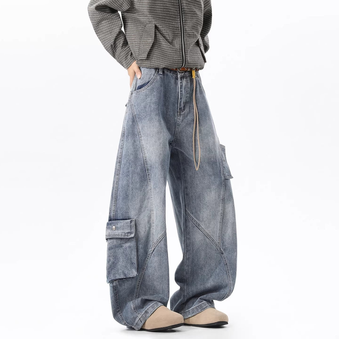 Damen Baggy-Cargo-Jeans aus gewaschenem Denim mit hoher Taille und Panelnähten Drune