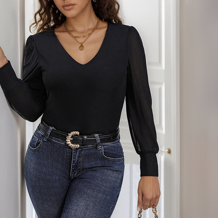 Damen Figurbetonter V‑Ausschnitt-Bodysuit mit transparenten Ballonärmeln und Shaping-Effekt Drune