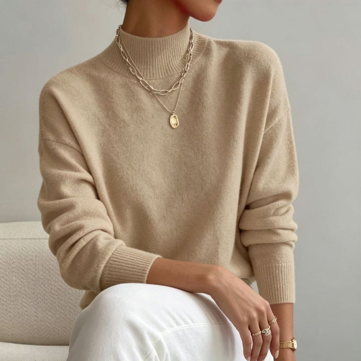Damen kuscheliger Feinstrickpullover mit Stehkragen und überschnittener Schulter Drune