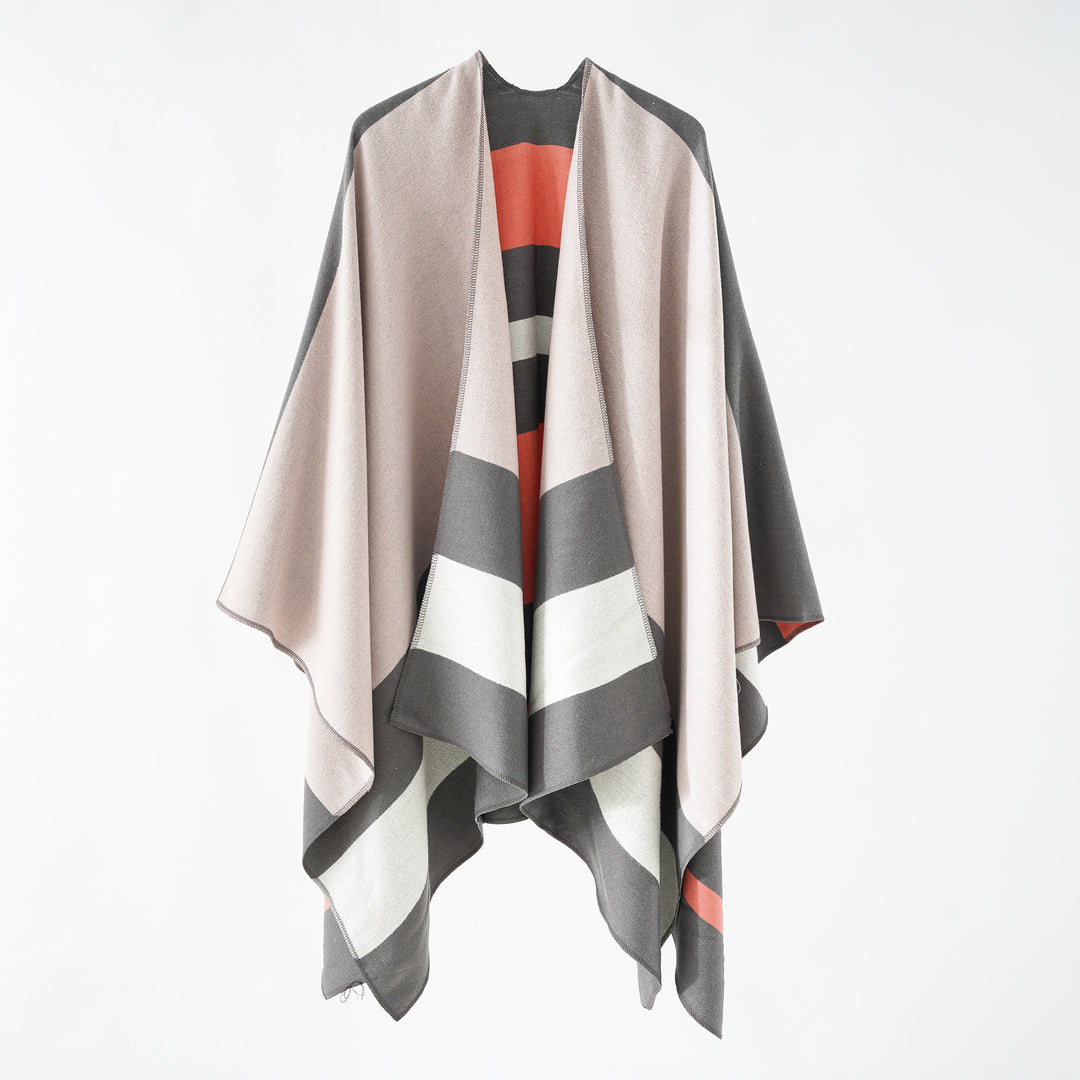 Damen Oversize-Ruana im Cape‑Stil aus Wolloptik mit geometrischen Blockstreifen Drune