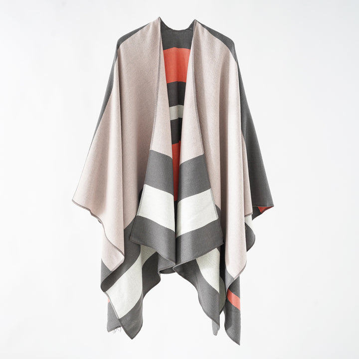 Damen Oversize-Ruana im Cape‑Stil aus Wolloptik mit geometrischen Blockstreifen Drune