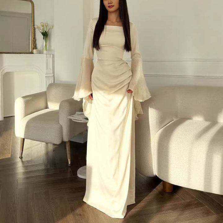 Damen Abendkleid mit Quadrat-Ausschnitt, transparenten Glockenärmeln und drapierter Taillenpartie Drune