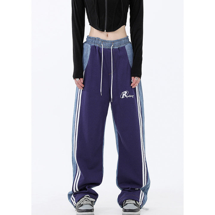 Damen nan weite Jogginghose mit Denim-Einsätzen, elastischem Bund und seitlichen Kontraststreifen Drune
