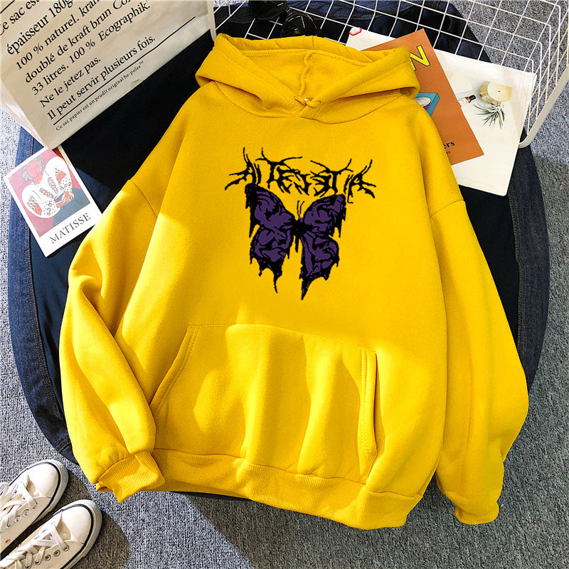 Damen nan Oversize-Kapuzenpullover mit gothischer Schmetterlings-Illustration und Kängurutasche Drune