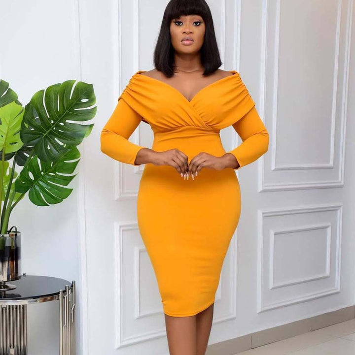 Damen figurbetontes Cocktailkleid mit schickem Off-Shoulder-Ausschnitt und Rüschendetails Drune