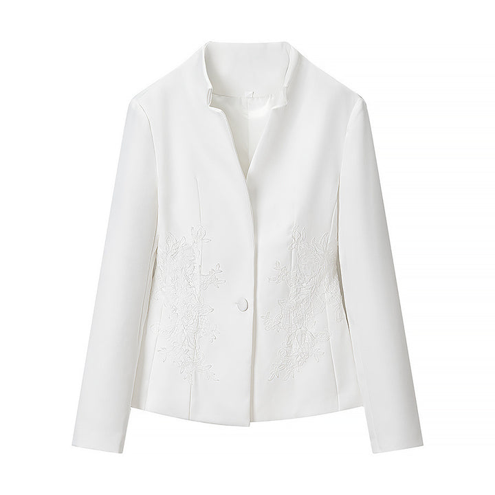 Damen nan taillierte Kurzjacke mit Stehkragen und floraler Ton‑in‑Ton‑Stickerei Drune