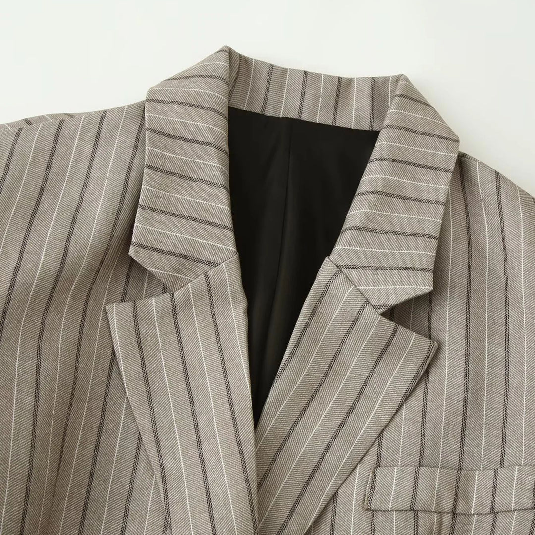 Damen nan taillierter Nadelstreifen-Blazer mit dekorativem Gürtel und Pattentaschen Drune