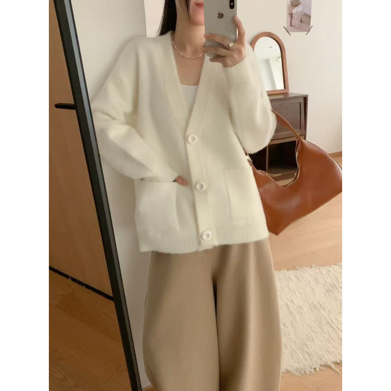 Damen Flauschiger Knopf-Cardigan mit eleganten Taschen Drune