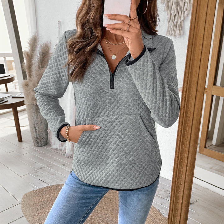 Damen Stepp-Sweatshirt mit halbem Reißverschluss, Stehkragen und Kängurutasche Drune