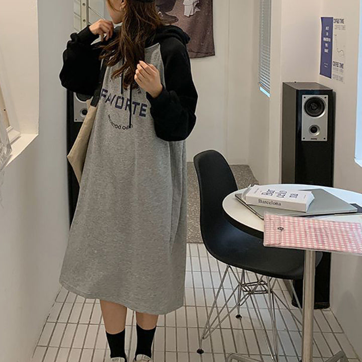 Damen Hoodie-Kleid im lässigen Oversized-Stil mit grafischem Druck und seitlichen Eingrifftaschen Drune