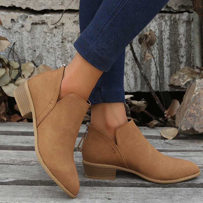Damen Metallic-Ankleboots mit spitzer Kappe, Rückreißverschluss und niedrigem Blockabsatz Drune